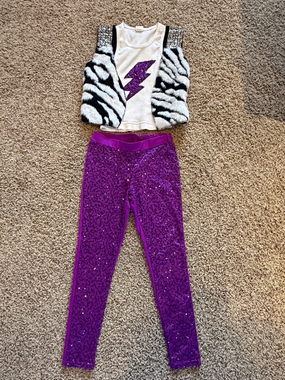 Dance Costume: Purple Sequin Leggings with Lightning Tank and Zebra Fur Vest
